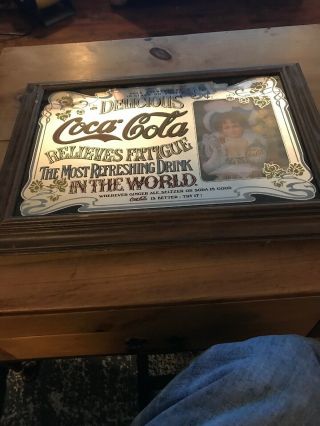 Vintage Coca Cola Mirror 1977 Coke Wood Frame 16x22 Advertising