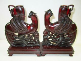 2 Antique Chinese Cherry Amber Bakelite Carved Phoenix Bird Statues Antique
