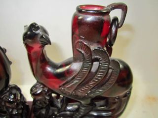 2 Antique Chinese Cherry Amber Bakelite Carved Phoenix Bird Statues Antique 2