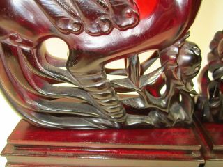 2 Antique Chinese Cherry Amber Bakelite Carved Phoenix Bird Statues Antique 3
