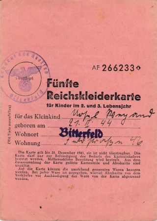 Germany,  1944,  Funfte Reichskleiderkarte / Ration Book - Ww2