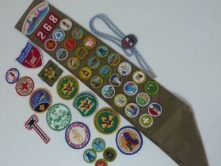 Vintage Boy Scout Sash W/ Merit Badges Bsa Patches & Pewter & Enamel Bolo Tie