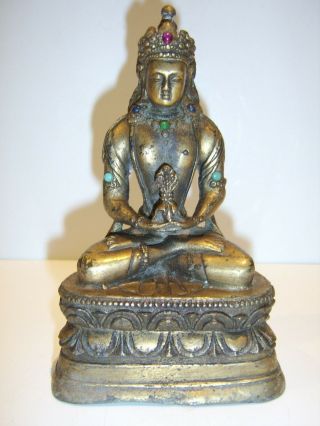 Old Antique Chinese Tibetan Gilt Bronze Buddha Bejewelled Turquoise Very Rare