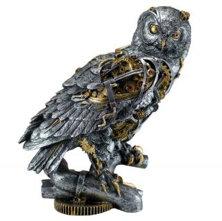 Silver And Gold Painted Steampunk Owl Figurine Statue 11.  5 " High Resin