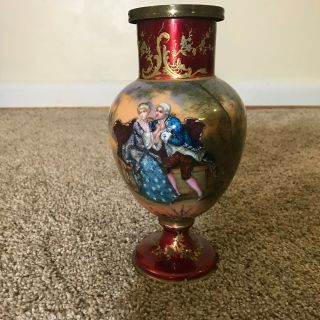 Antique French Signed Enamel On Copper Courting Scene Vase Attributed To Limoges