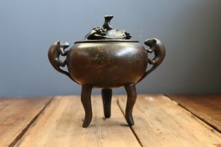 Unusual Antique Chinese Bronze Tripod Censer With Grapes And Squirrels ? Qing