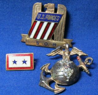 Wwii Sterling Usmc Ega,  U.  S.  Forces Son & 2 Sons In Service Home Front Pins
