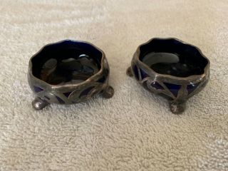 Antique Pair Lenox Open Cobalt Blue Salts With Sterling Silver Overlay