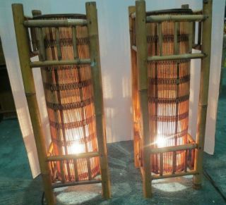 Vintage 1970s Bamboo Wicker Rattan Shade Floor Lamp Fixtures Set Of 2 23 " Tall