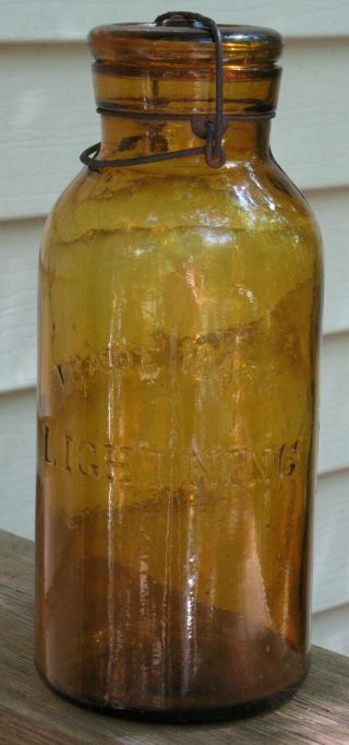 Antique Fruit Jar Trademark Lightning Hwp Base 1/2 Gallon Honey Amber