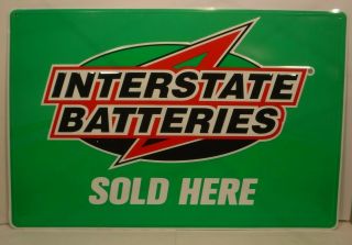 Interstate Batteries Here Embossed Metal Sign Gas Oil Cars Trucks Auto36x24
