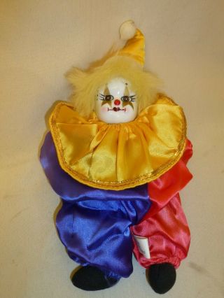 Vintage Clown Doll Porcelain Painted Face Body Plush Yellow Red Blue Jester