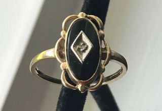 Vintage Diamond Black Onyx Ring Yellow Gold•rectangle & Oval Cabochon Size 6 1/2