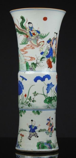 A Fine Large Antique Chinese 19th C.  Famille Verte Gu Form Vase
