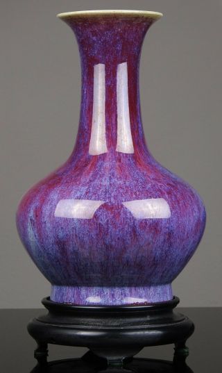 A Fine Antique Chinese 19th C.  Flambe Glazed Vase And Wood Stand