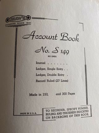 Vintage Shaw’s Account Ledger Book S - 149 150 Pages 3