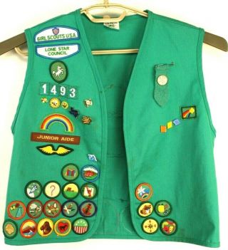Girl Scout Junior Aide Vest Uniform 56 Patches 10 Pins Vintage