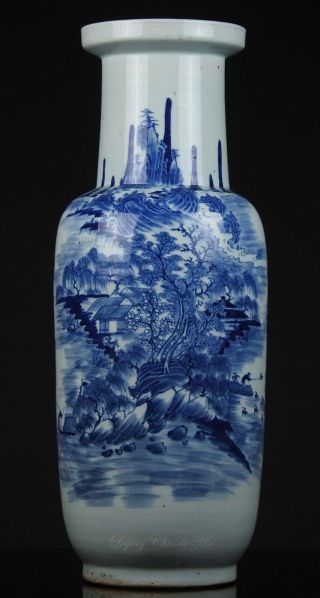 Large Fine Antique Chinese 19th C.  Blue And White Landscape Rouleau Vase