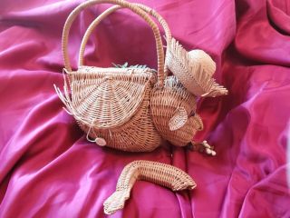 Vintage Wicker Rattan Monkey Basket Handbag with hinged flaps 3