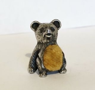Antique Silver Plated / Pewter - Miniature Teddy Bear Pin Cushion / Sewing