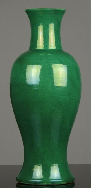 Large Antique Chinese 19th C.  Green Crackle Glazed Guanyin Vase and Wood Stand 2