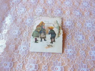 Victorian Christmas Card/partially - Cut Children With Snowman/ernest Nister