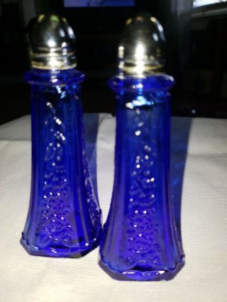 Vintage Antique Glass Cobalt Blue Floral Towers Salt Pepper Shakers 5” Tall