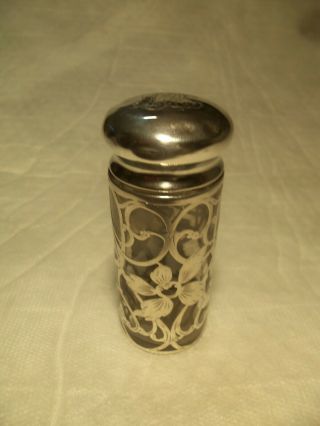 Antique Early 1900s Art Nouveau Sterling Silver Overlay Glass Powder Bottle