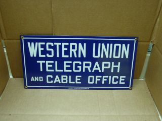 Heavy Enameled Porcelain Sign Western Union Telegraph And Cable Office 14 " X 7 "