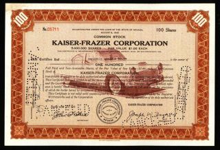 1946 Kaiser Frazer Automobile Corporation Stock Certificate Nevada Brown