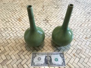 2 Antique Apple Green Stem Vases - 7 " Tall - Ceramic