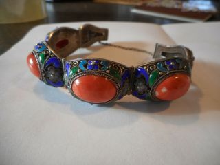 Vintage Chinese Export " Silver " Gilt Enamel Filigree Coral Bracelet