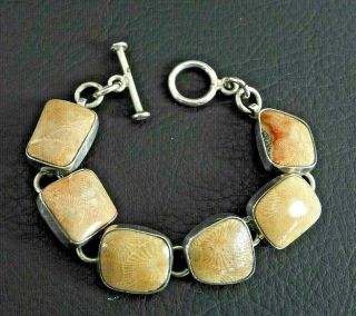 Vintage Bracelet Fossilized Coral Mexico Toggle Solid 925 Sterling Silver 6.  5 "