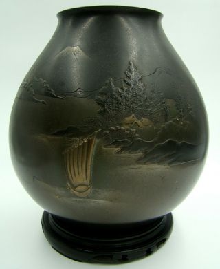 Japanese Meiji Period Relief Sailboat Toward Fuji Mountain Bronze Vase Signed