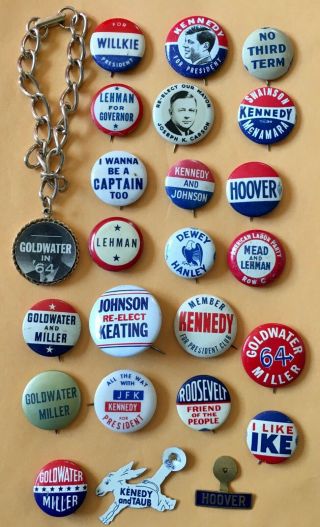 Variety Of 21 Various Political Campaign Pins,  Two Tabs And A Chain Flasher