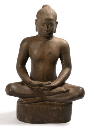 Antique Khmer Style Stone Seated Jayavarman Vii Statue - 40cm/16 "