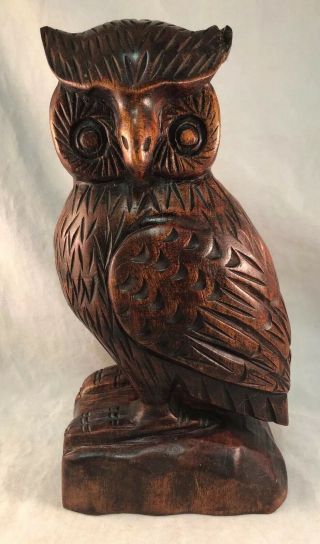 Vintage Hand Carved Solid Dark Wood Folk Art Owl Statue Carving Door Stop