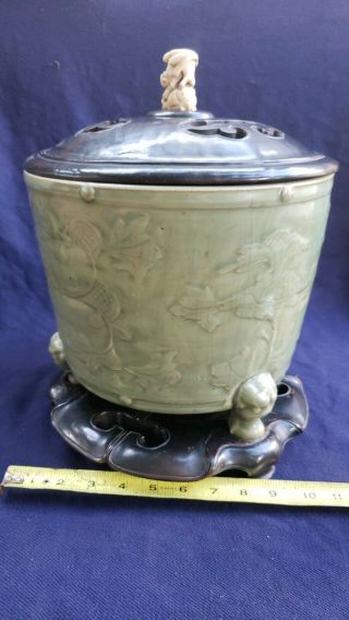 Antique Chinese Celadon Glaze Porcelain Pot With Stand Ming Dynasty Fitted Base