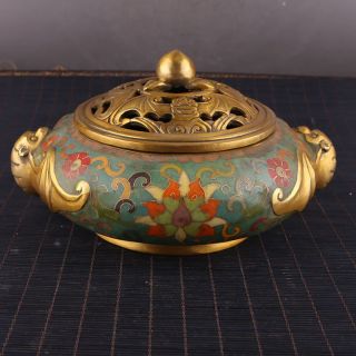 China Antiques Brass Hand Made Cloisonne Lotus Bat Incense Burners