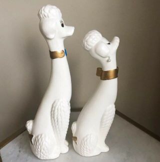 Vintage Set Of POODLE FIGURINE ceramic white puppy dog Male Female 14” Tall 3
