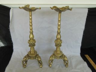 Rare Antique Chinese Bronze Candlesticks W/ Frog,  Lily Pad,  & Foo Dogs (signed)