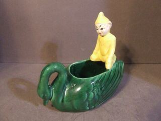 Vintage Small Yellow Sprite Pixie Elf And Green Swan Glazed Ceramic Planter