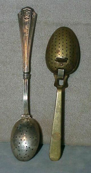 Two Vintage Tea Strainer Infuser Spoons.  One Wallace Sterling,  One Brass