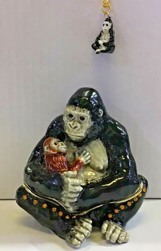 Gorilla And Baby Hinged Trinket Box With Austrian Crystals