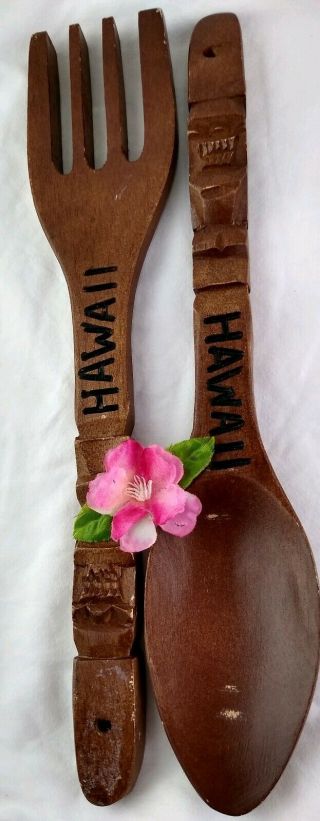 Tiki Fork Spoon Set Carved Wood Hanging Wall Decor Plaques 12 Inches Hawaii