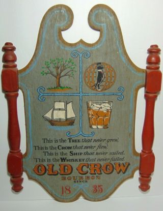 Vintage 1970s Old Crow Bourbon Whiskey Wood Advertising Sign Frankfort Kentucky 2