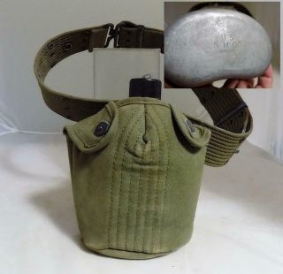 Vintage Usgi Wwii Ww2 Canteen And Canvas Cover With Belt S.  M.  Co 1944