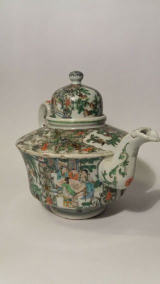 19thc.  Chinese Canton Famille Verte Porcelain Tea Pot W/domed Cover