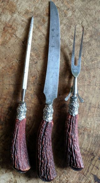 Antique 3 Piece Stag Horn Handle Sterling Mounted Carving Set