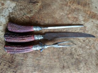 Antique 3 Piece Stag Horn Handle Sterling Mounted Carving Set 3